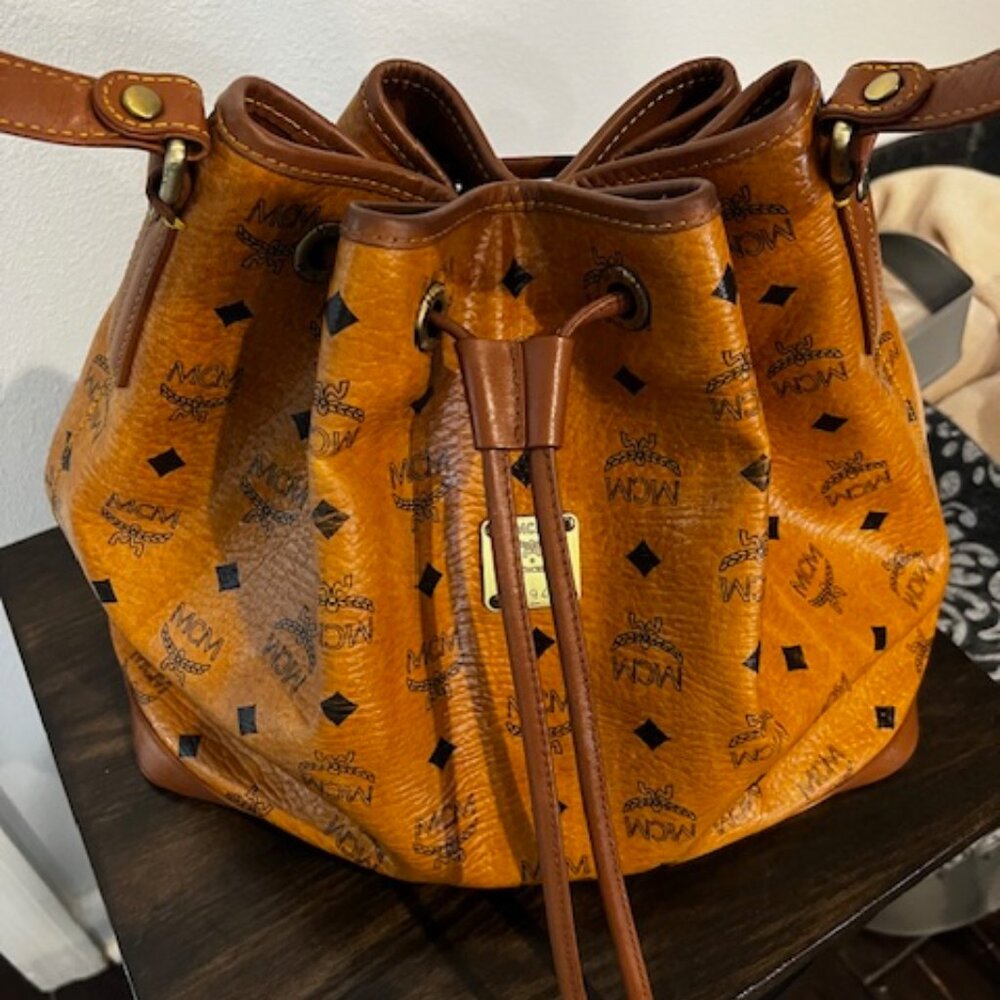 MCM Visetos Bucket Bag Cognac Drawstring EUC - image 1